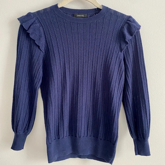 RW&Co Navy Knit 3/4 Sleeve Sweater with Ruffle Details XXS - Picture 1 of 8